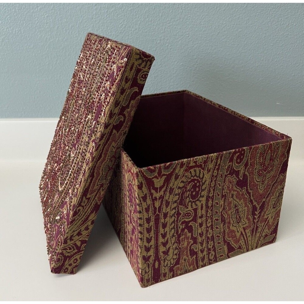 Vintage The Great Indoors Burgundy Paisley Sequin Decorative Storage Box